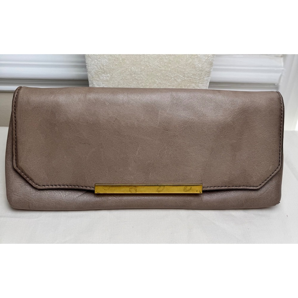 J.Crew Taupe Leather Envelope Clutch Bag Gold Bar Accent Minimalist Evening Bag